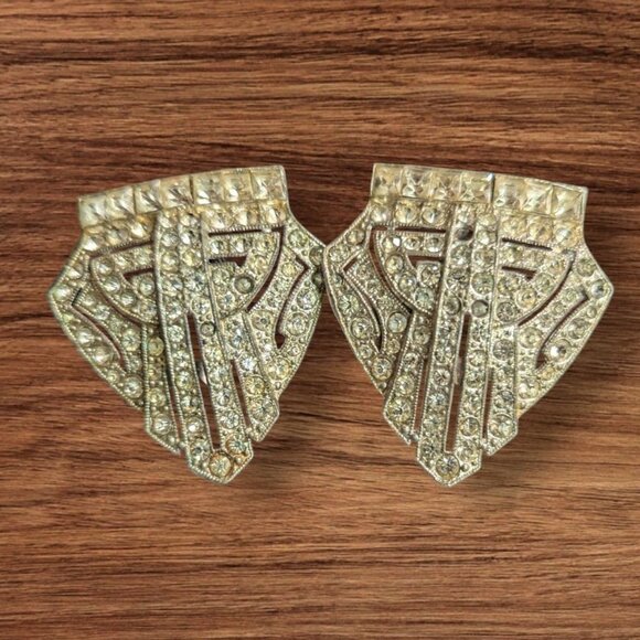 vtg Rhinestone Art Deco Dress  Clips Pair 2.5" Silver-Toned Geometric - Picture 2 of 5